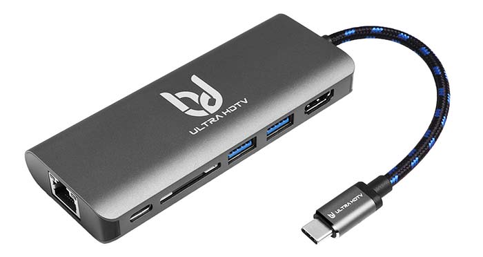 Ultra HDTV USB-C Multifunktions-Hub, 1x HDMI Buchse, 2X USB 3.0, 1x SD-Card, 1x USB-C und 1x LAN